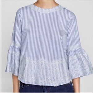 ZARA Striped Lace Trim Bell Sleeve Top S